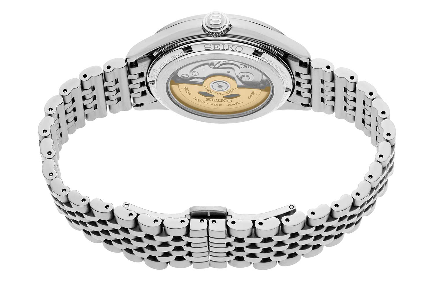 The finely finished seven-link stainless steel bracelets with a compact push-button deployant clasp for added security